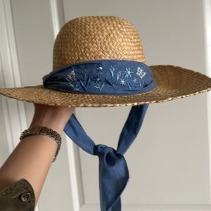 Embroidered Blue Band Straw Sun Hat